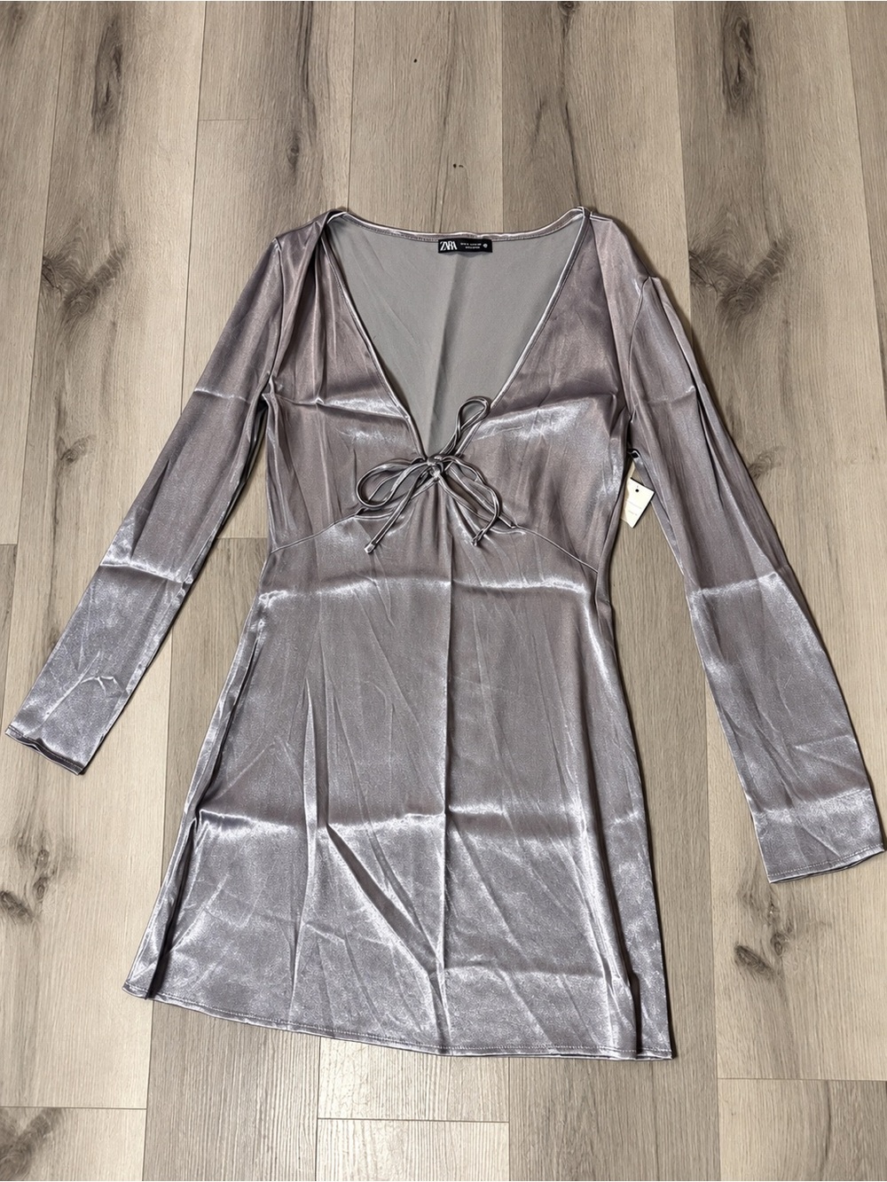 Zara Shimmery Silver Tie-Front Long-Sleeve Mini Dress